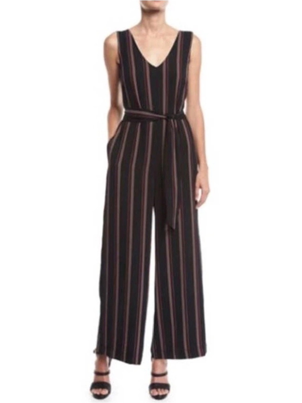 NWT Max Studio Striped Wide Leg Jumpsuit Sleeveless Tie Waist Black Size M